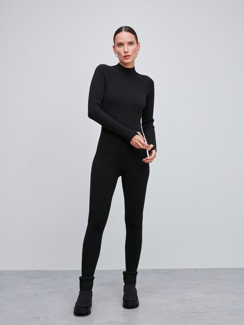Long Slleves Rib-Knitted Jumpsuit 46823 Black