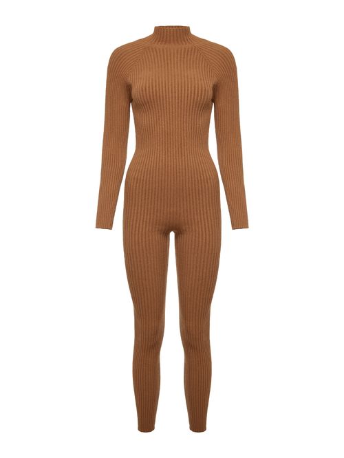 Long Slleves Rib-Knitted Jumpsuit 46823 Camel