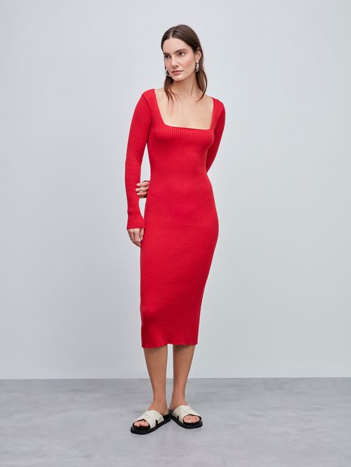 Vestido Midi com Decote Quadrado Vermelho