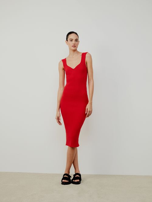 Red Princess Neckline Ribbed Dress