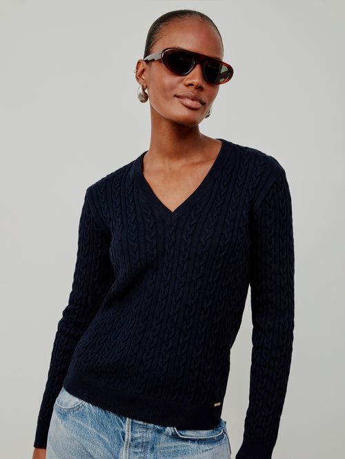 Navy Blue V-Neck Braided Blouse