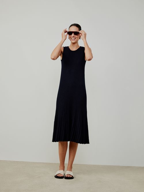 Vestido Midi Plissado Azul meia noite