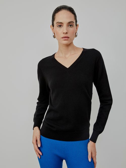 Basic 100% Cashmere Gola V Preto