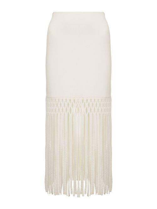 Saia Midi Ajustada com Franjas Off White