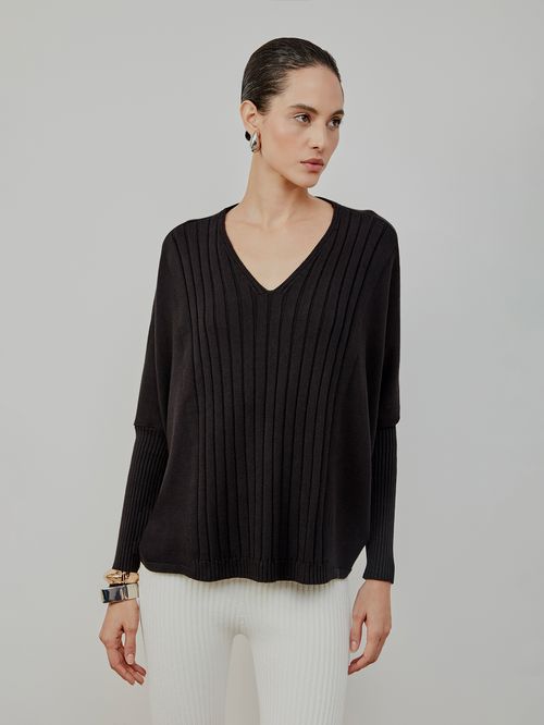 Black Ribbed Detail Loose Blouse