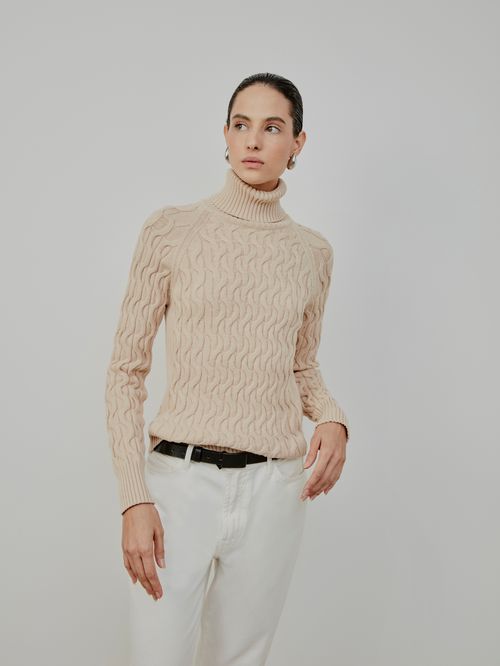 Salmon Turtleneck Braided Sweater