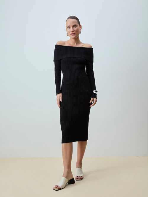 Vestido Ombro a Ombro Canelado Preto