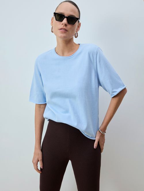 Blusa Básica Manga Rolinho Azul Gelo