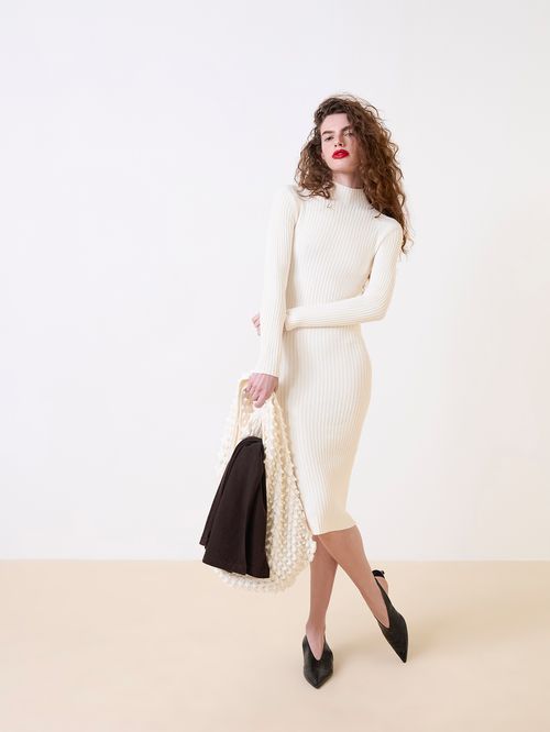 Vestido Midi Canelado Manga Longa  Off White