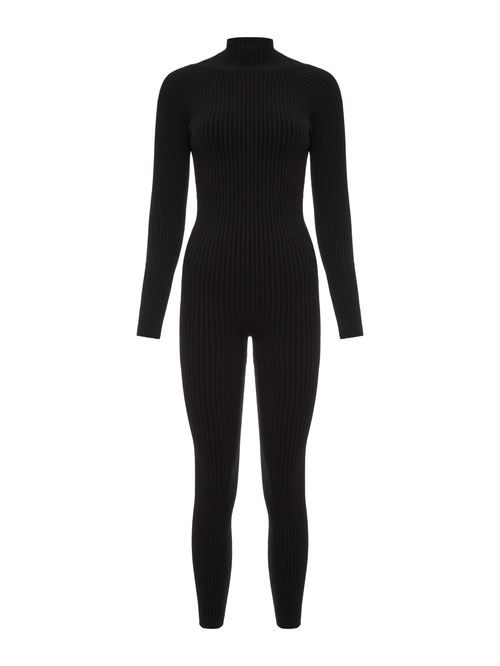 Black Long Sleeve Ribbed Jumpsuit