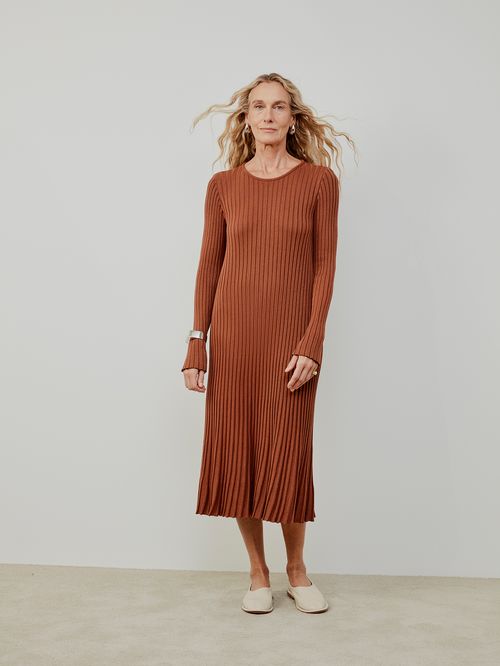 Vestido Midi Efeito Plissado Canela