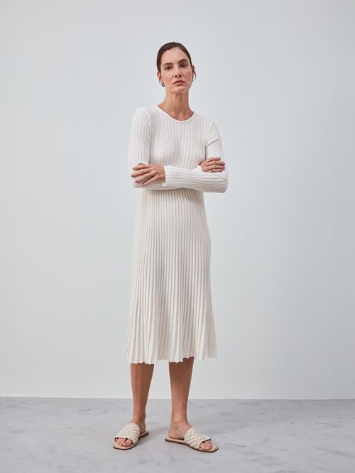 Vestido Midi Efeito Plissado Off White
