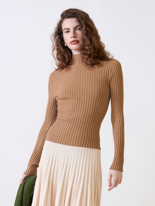 Camel Ribbed Chimney Collar Blouse