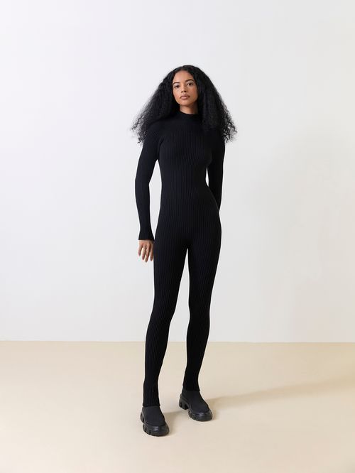 Black Long Sleeve Ribbed Jumpsuit