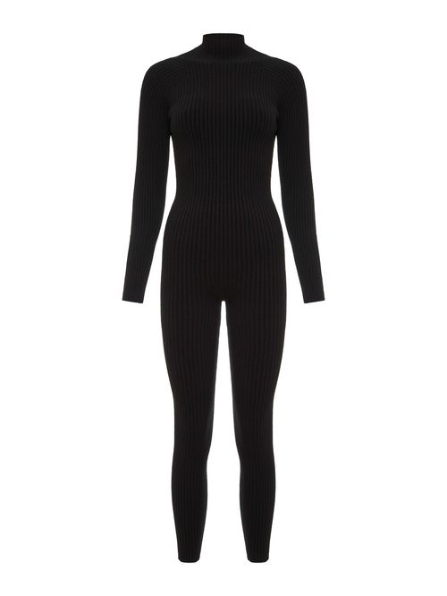 Black Long Sleeve Ribbed Jumpsuit