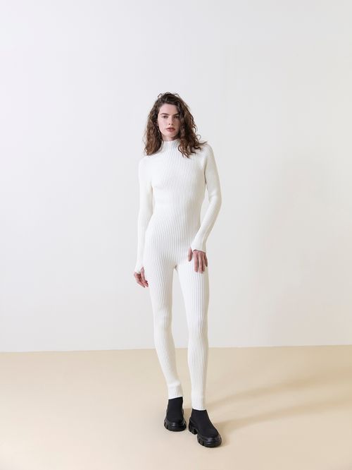Off White Long Sleeve Ribbed Jumpsuit