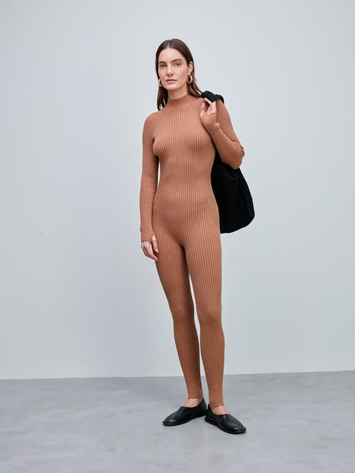 Camel Long Sleeve Ribbed Jumpsuit