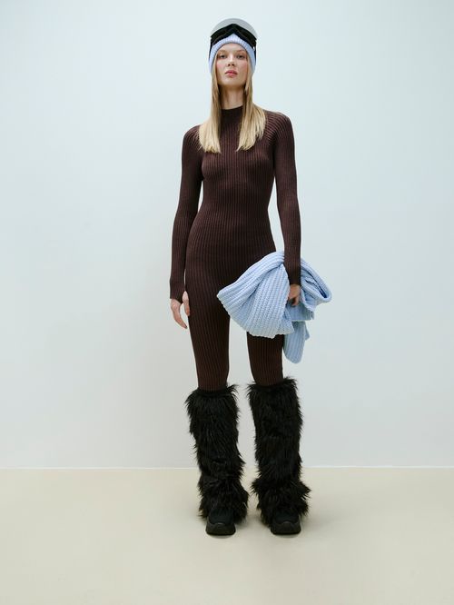 Chocolate Long Sleeve Ribbed Jumpsuit