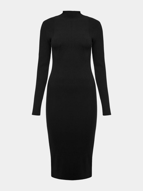 Vestido Midi Canelado Manga Longa  Preto
