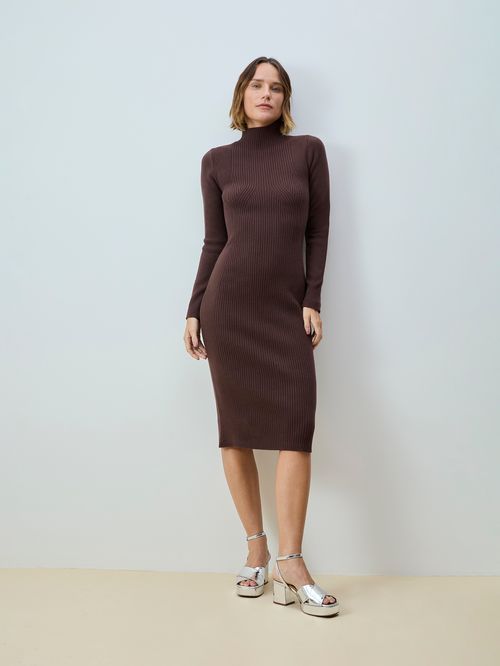 Vestido Midi Canelado Manga Longa  Chocolate