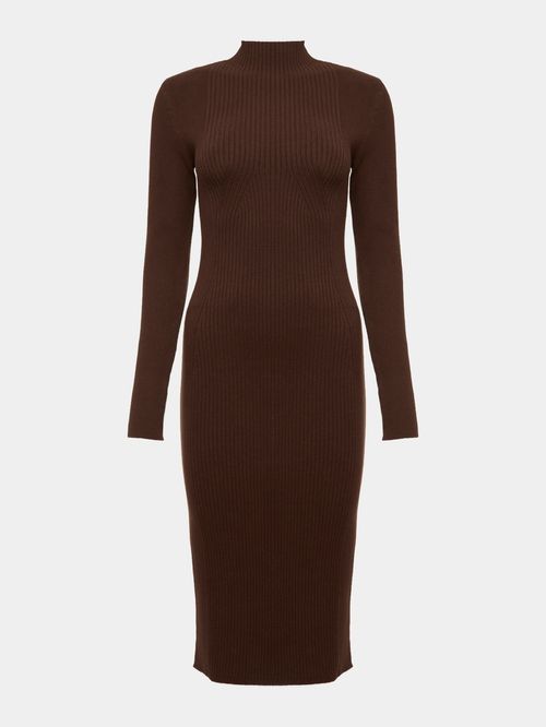 Vestido Midi Canelado Manga Longa  Chocolate