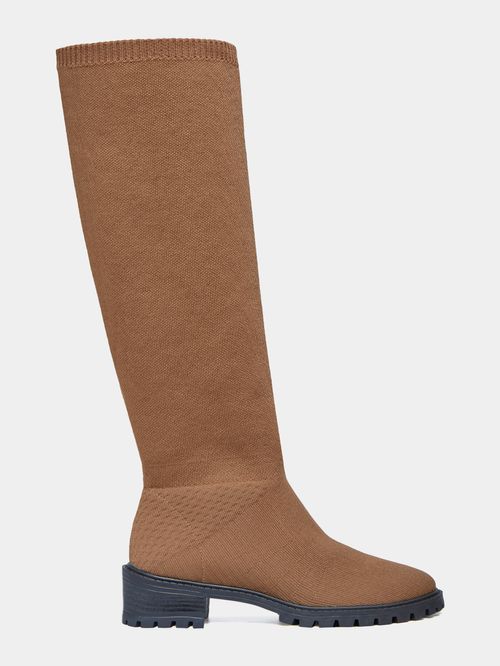 Bota Cano Alto Tricot Salto Baixo Camelo