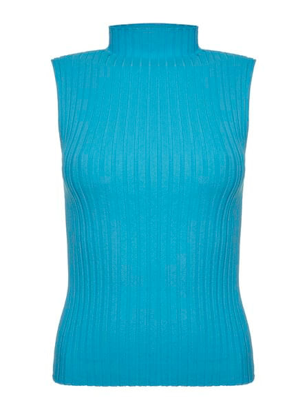 Blue Chimney Neck Ribbed Tank Top