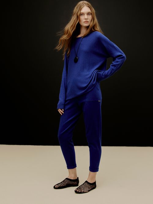 Calça em Tricô com Barra Italiana Azul Abissal