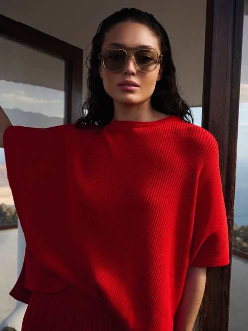 Red Ribbed Wide Blouse