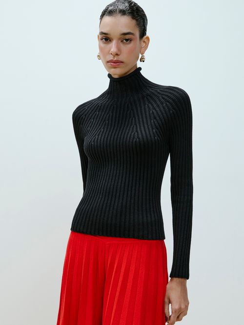 Black High Neck Ribbed Blouse