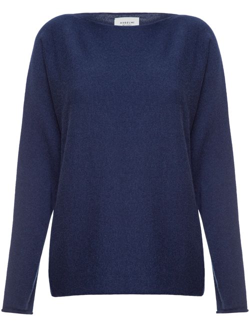 100% Cashmere Boat Neck Sweater Navy Blue