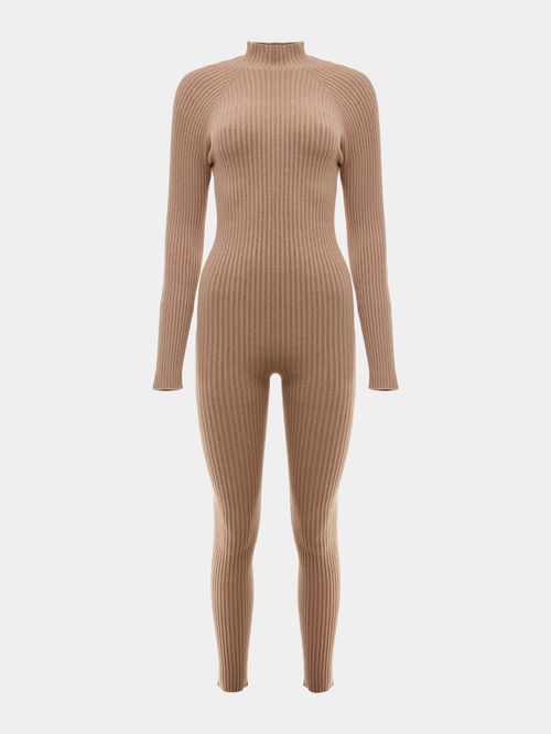 Hazelnut Long Sleeve Ribbed Jumpsuit