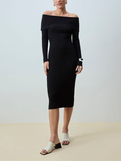 Vestido Ombro a Ombro Canelado Preto