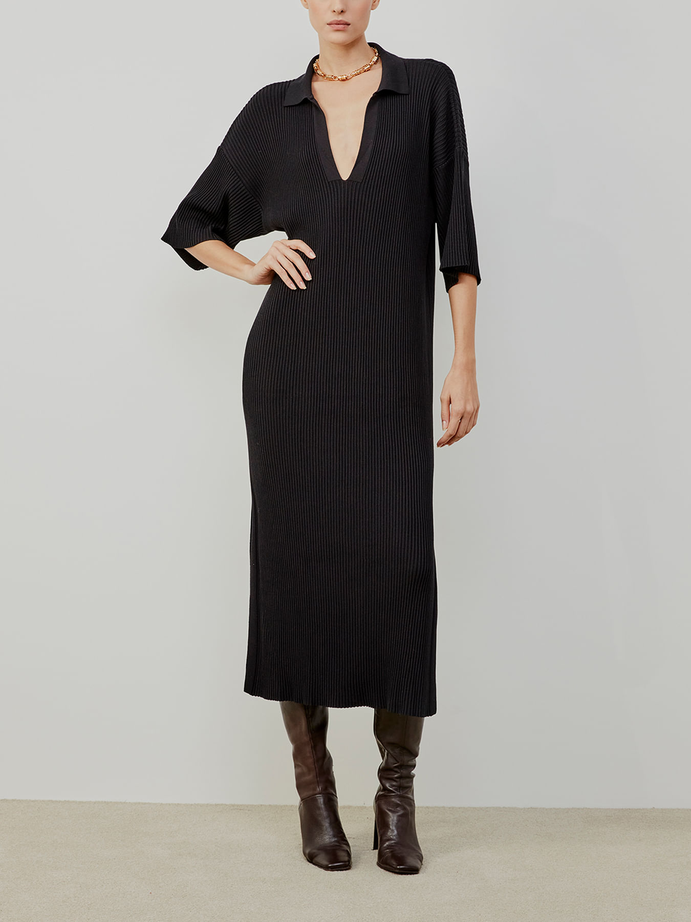 Vestido Reto Gola Polo Preto - Anselmi