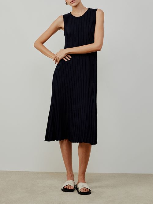 Vestido Midi Plissado Azul Meia Noite