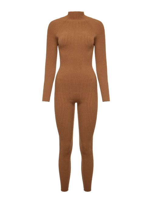 Camel Long Sleeve Ribbed Jumpsuit