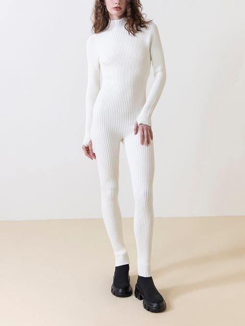 Off White Long Sleeve Ribbed Jumpsuit