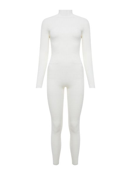 Off White Long Sleeve Ribbed Jumpsuit