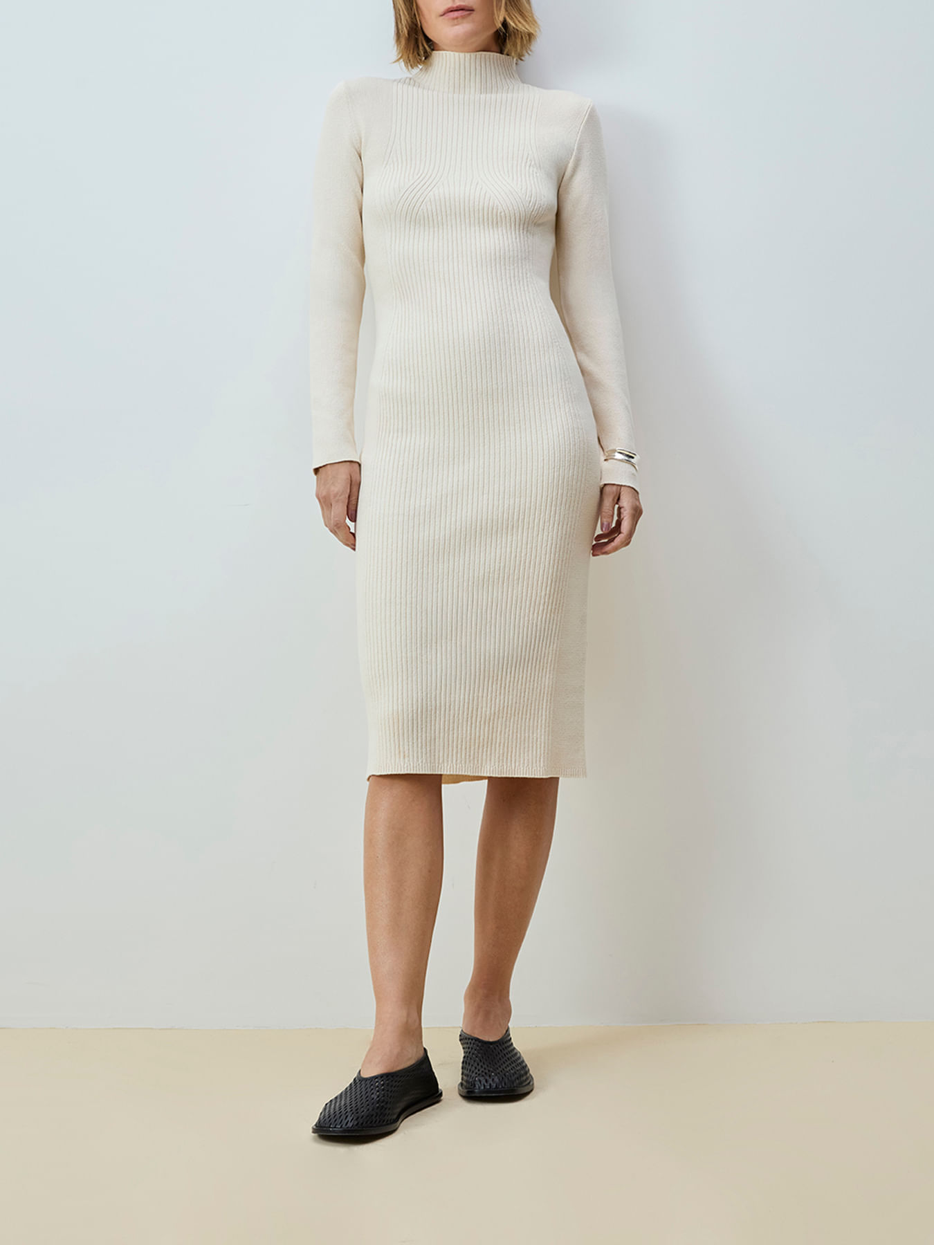 Long Sleeve Ribbed Midi Dress in Raw - Anselmi