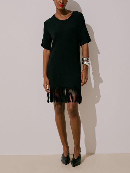 Vestido Canelado Franjas Preto