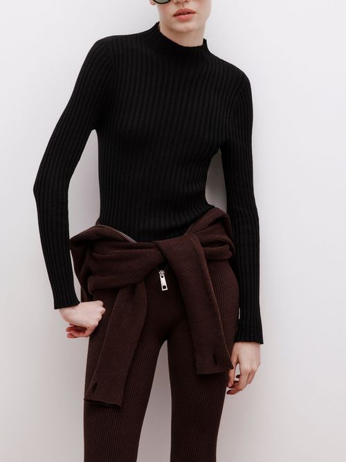 Black Chimney Collar Ribbed Blouse