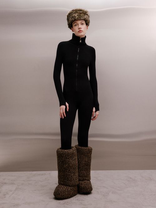 Sporty Ribbed Jumpsuit in Black Merino Wool
