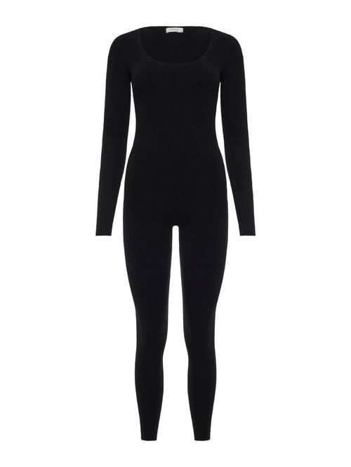 Macacão Canelado Decote em U Preto