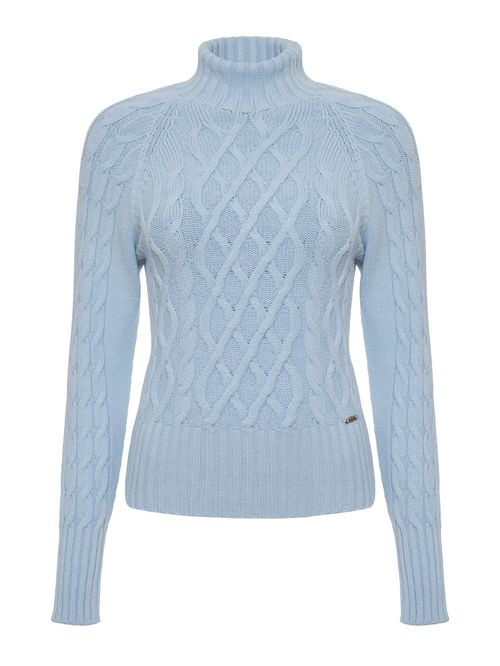 Blusa Mix de Tramas com Gola Alta Azul Celeste