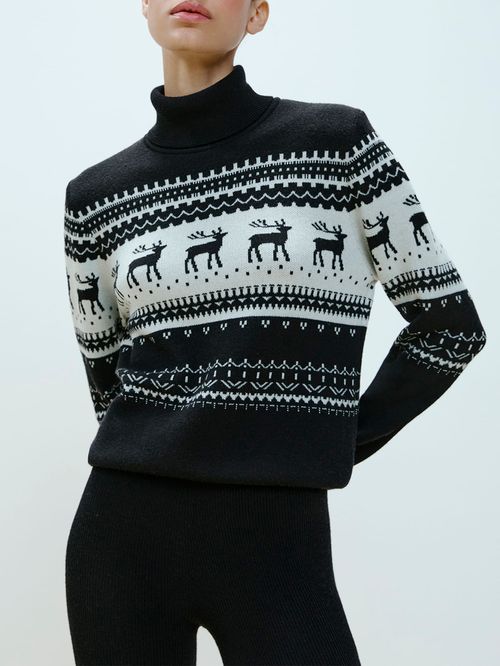 Alpine Deer Pullover in Black Merino Wool