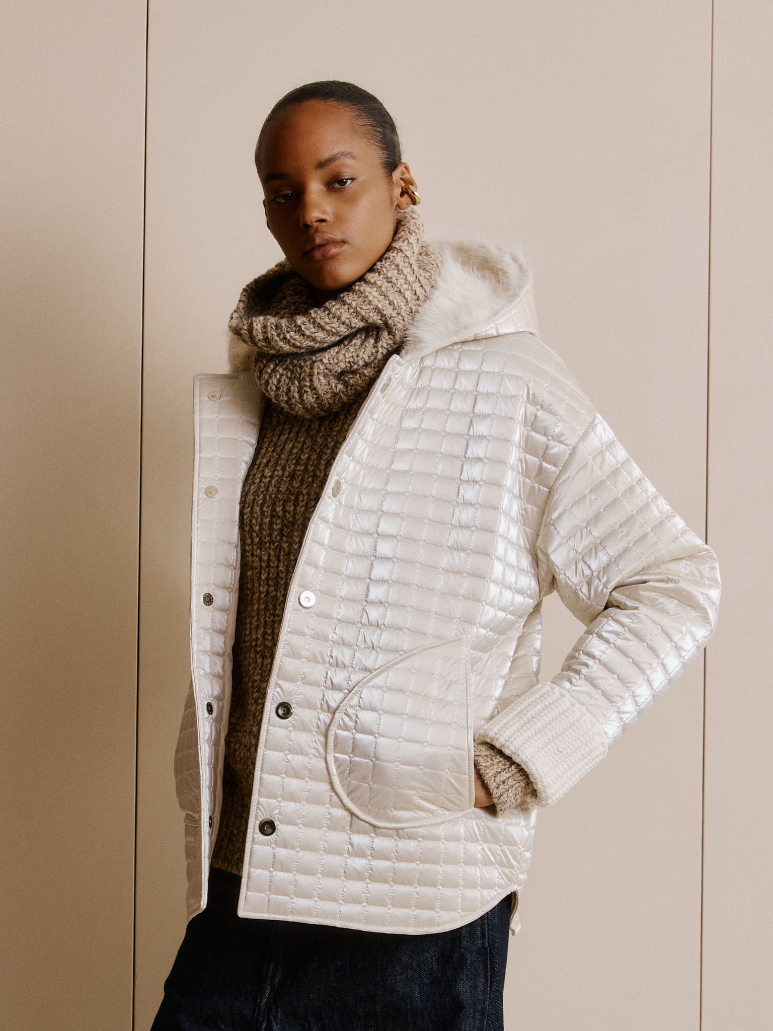 Jaqueta Nylon Matelassê Off White - Anselmi