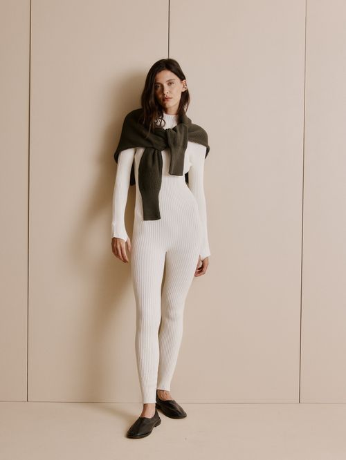 Off White Long Sleeve Ribbed Jumpsuit