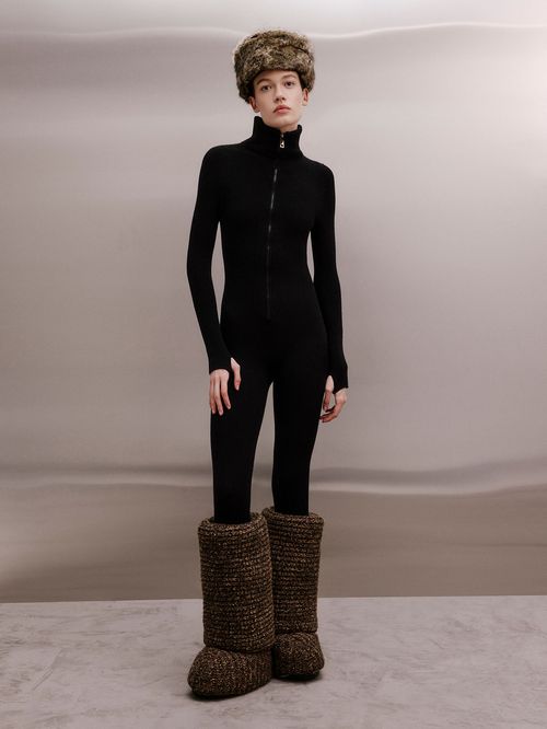 Sporty Ribbed Jumpsuit in Black Merino Wool