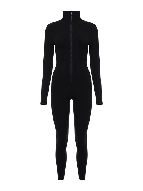 Sporty Ribbed Jumpsuit in Black Merino Wool