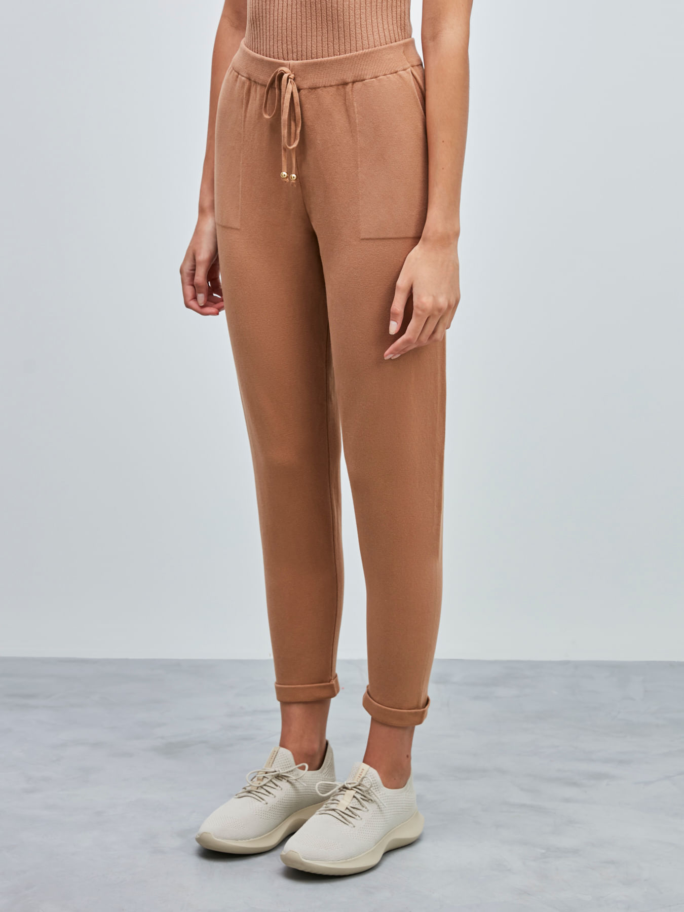 Calça Jogging Feminina de Tricô com Barra Camelo - Anselmi